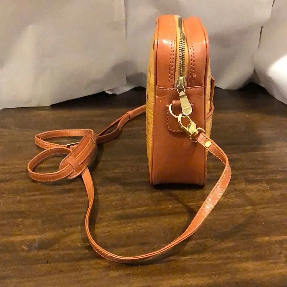 MCM Visetos Cognac Monogram Camera Messenger Bag Leather Lined Mirror EUC RARE